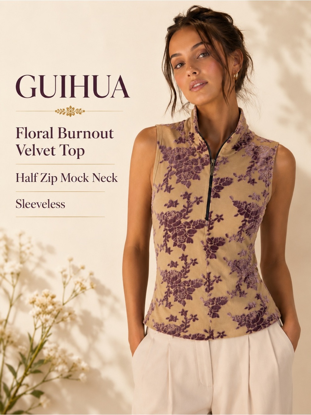 GUIHUA Floral Burnout Velvet Half Zip Mock Neck‎ Sleeveless Top Fairy Feminine